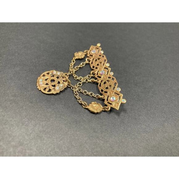 Vintage Victorian Revival Brass Tone Dangle Chain Brooch Rhinestones Festoon - Picture 2 of 11